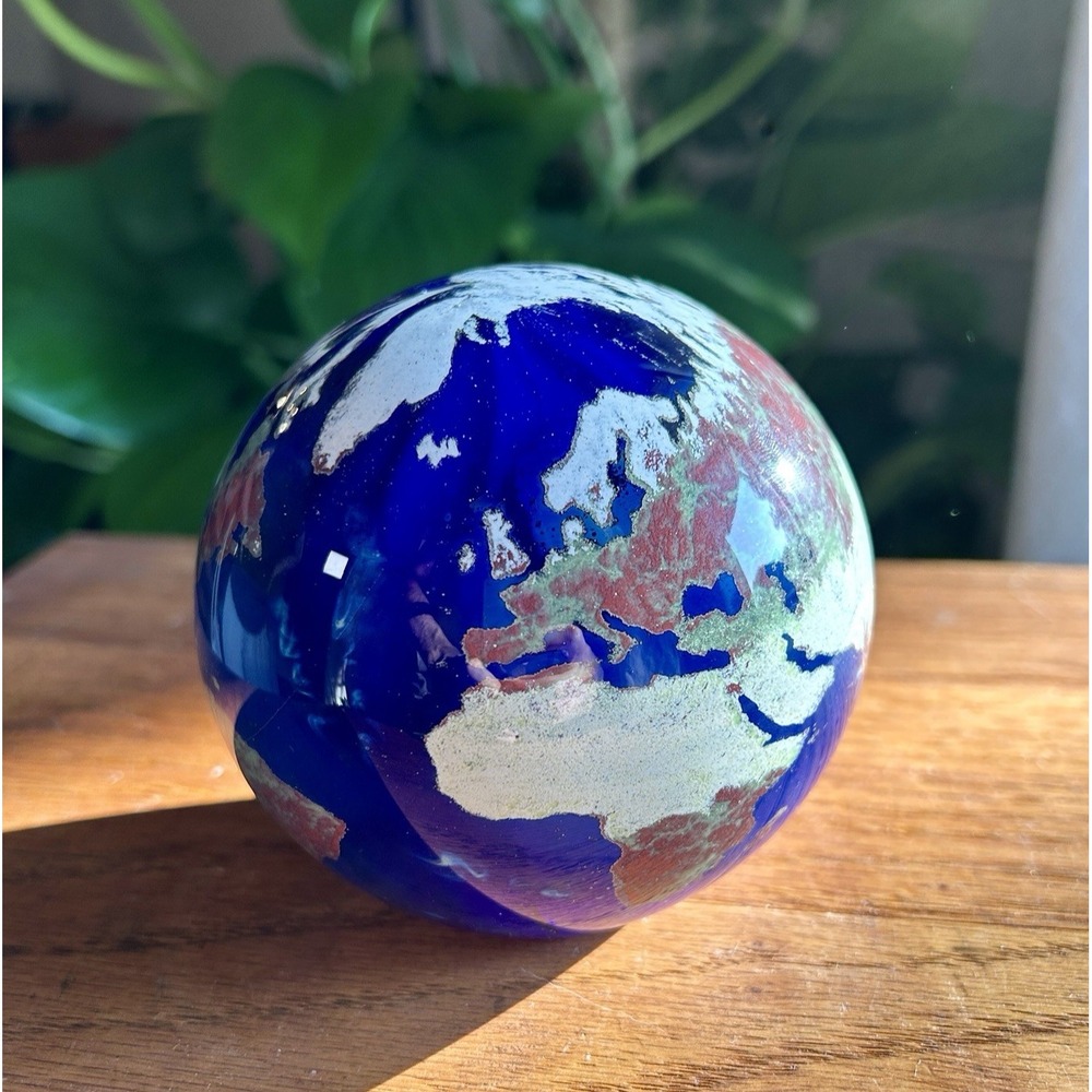 Vintage 1993 Lundberg Studios Art Glass Earth Globe World Signed Paperweight
